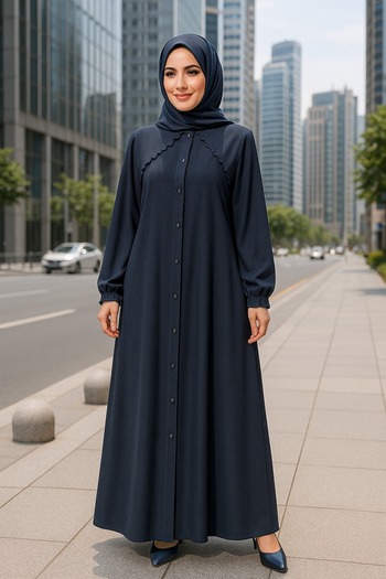 Neva Style Buttoned Navy Blue Hijab Ferace 45275L