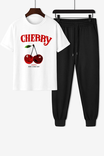 Trend Sizde Σετ φόρμας Unisex με λευκό στάμπα κερασιού στο επάνω και το κάτω μέρος