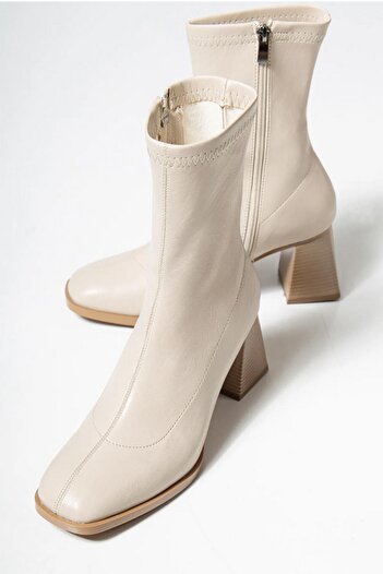 Preshley Kadın Marina Krem Bot 7 cm Kalın Topuklu Streç Boots
