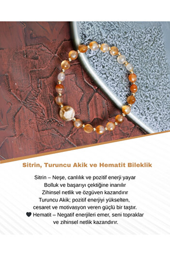 Saff Doğal Taş Sertifikalı Sitrin, Turuncu Akik ve Hematit Bileklik – Işıltı ve Canlılık Taşıyan Tasarım
