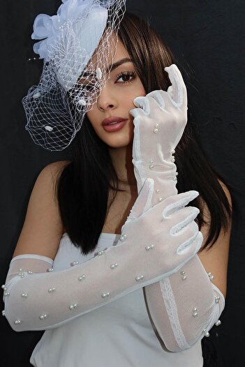 TAKIŞTIR White Color Pearl and Tulle Detailed Stylish Long Bridal Gloves Wedding/Wedding/Party/Costume Gloves