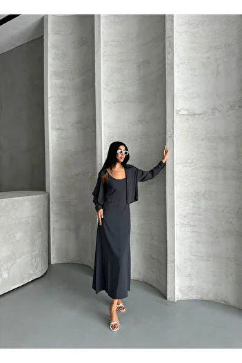 vesantia Women's Anthracite Premium Modal Fabric Shirt Long Dress Set