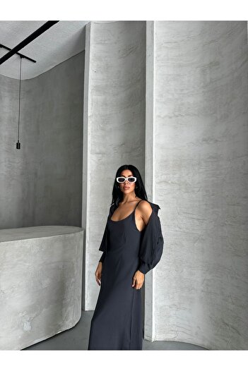 vesantia Women's Anthracite Premium Modal Fabric Shirt Long Dress Set