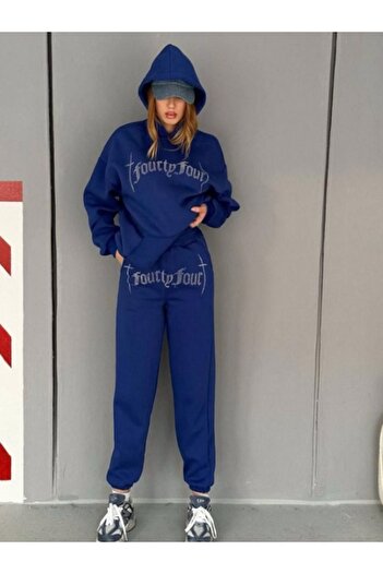 Gameyal Unisex Oversize Taş İşlemeli Kapşonlu Sweatshirt Takım