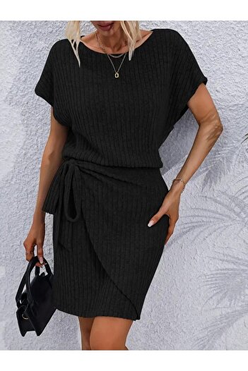 buğrahayalin Women's Short Sleeve Collar Open Collar Open Waist Elasticized Side Ties Thick Ribbed Camisole Hand