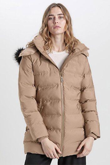 DeFacto Water Repellent Long Coat Parka Thermal Insulated Belt Hooded Faux Fur Lightweight A1218Ax23Wn