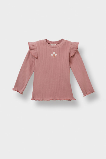 DeFacto Geripptes, langärmliges T-Shirt mit Blumenmuster und elastischem Bund für Babys – Y1122a224au