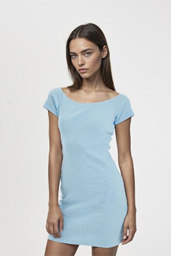 DeFacto Coool Bodycon Vücuda Oturan Kayık Yaka Basic Düz Fitilli Kaşkorse Kısa Kollu Mini Elbise A7362AX24S