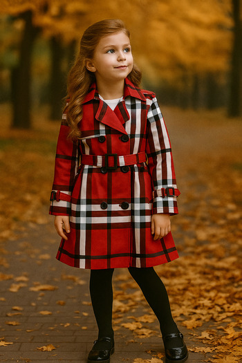 HC Kids Wear Red Checkered Girl's Trench Jacket