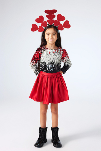 Le Mabelle Beatrice - Girl's Red Sequined Crop Skirt and Top Set