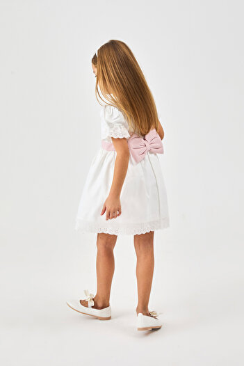 Le Mabelle Ecru Short Sleeve Girl's Dress with Pearls on the Front - Rena