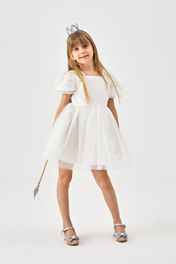 Le Mabelle White Short Sleeve Scallop Blouse and Tulle Skirt Girls' Dress - Marcia