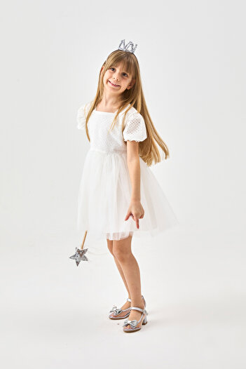 Le Mabelle White Short Sleeve Scallop Blouse and Tulle Skirt Girls' Dress - Marcia