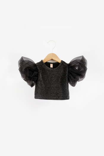 Le Mabelle Girl's Black Crop - Tulle Sleeves and Glitter Detail