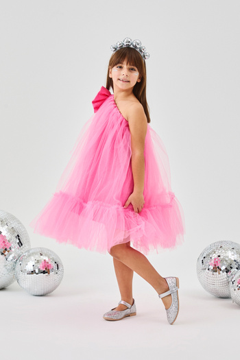 Le Mabelle Pink One-Shoulder Bow Girl's Tulle Dress - Orlene
