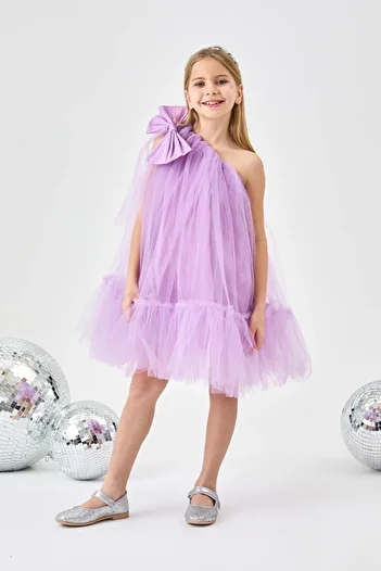 Le Mabelle Lilac One Shoulder Girl's Tulle Dress with Bow - Orlene