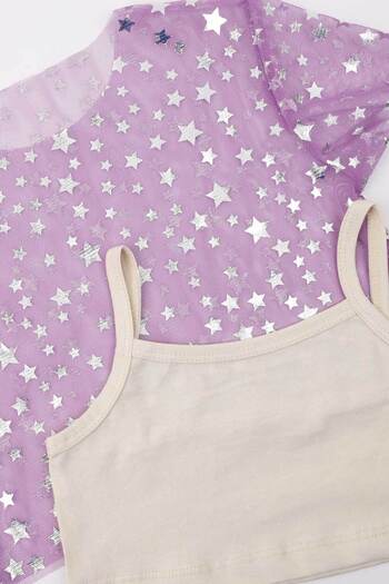 Le Mabelle Lilac Star Printed Girl's Tulle Crop