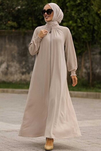 Neva Style Beige Hijab Ferace - Zippered, Model 45293Beige