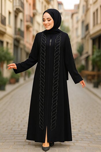 Neva Style Black Hijab Ferace with Bead Embroidery 29122S