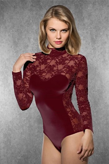 Doreanse Women's Modal Lace Detailed Long Collar Long Sleeve Body 12444