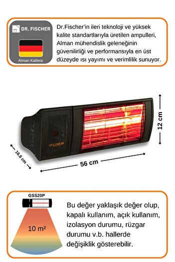 GOLDSUN Supra Plus 2000 Watt GSS20P Kumandalı Suya Dayanıklı Elektrikli İnfrared Isıtıcı-Siyah