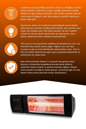 GOLDSUN Supra Plus 2000 Watt GSS20P Kumandalı Suya Dayanıklı Elektrikli İnfrared Isıtıcı-Siyah