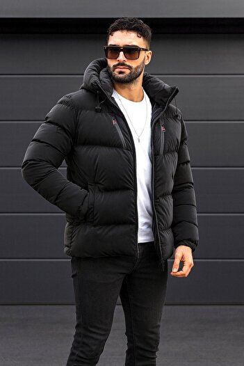 Delpino Pánský Slim Fit Puffer Carbon Leather Coat s kapucí