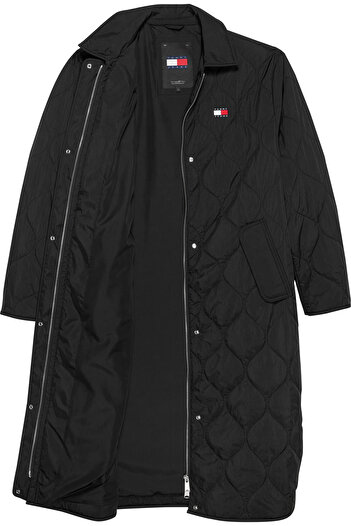 Tommy Hilfiger Women / Girls Brand Logo Long Stitched Snap Front Closure Black Coat Dw0Dw18840 Bds