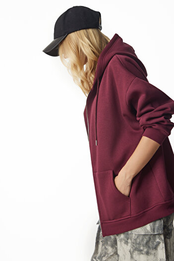 Lovelyİstanbul Φούτερ Claret Red Oversize με κουκούλα - LUB0002 με φερμουάρ