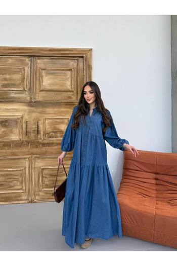 PREMİER VİE Tesettüe V-Neck Jeans Dress