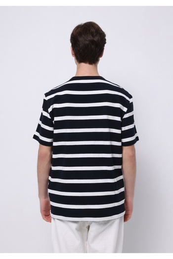 Colin's Comfort Fit Round Neck Striped Men's Navy Blue Pocketless Short Sleeve T-Shirt