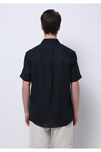Colin's Regular Fit Shirt Neck Plain Men's Linen Blended Black Short Sleeve Shirt