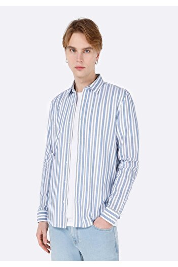 Colin's Сlim Fit Shirt Neck Смугаста чоловіча сорочка з довгими рукавами, синя
