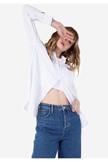 Colin's Relaxed Fit Shirt Neck Striped Women's White Long Sleeve Shirt