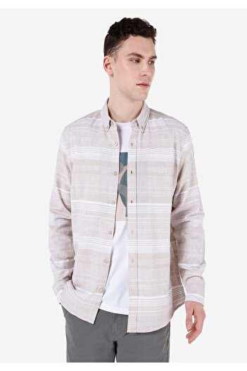 Colin's Regular Fit Shirt Neck Striped Men's Beige Long Sleeve Shirt