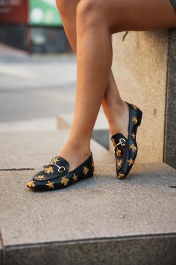 diclepolat Women's Loafer Embroidered Casual Loafer Shoes Forela Black