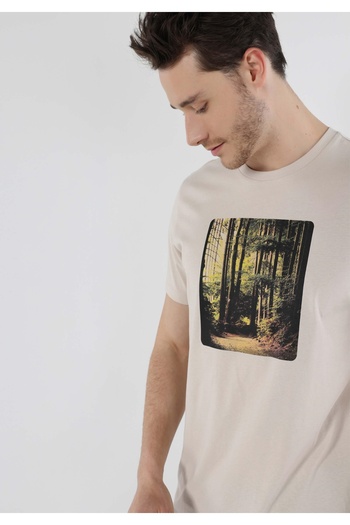 Colin's Regular Fit Yuvarlak Yaka Baskılı Erkek Bej Kısa Kol Tişört