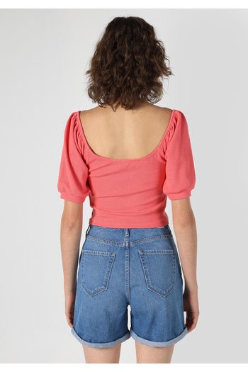 Colin's Slim Fit Deep Round Neck Jacquard Women's Pink Short Sleeve T-Shirt