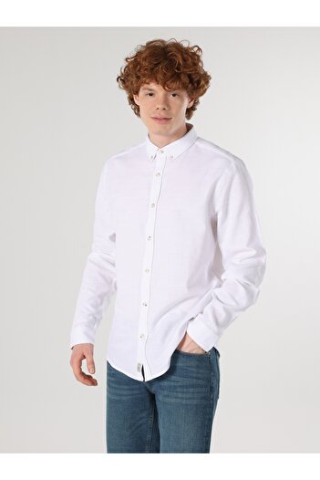 Colin's Slim Fit πουκάμισο με λαιμόκοψη Απλό ανδρικό λευκό μακρυμάνικο πουκάμισο