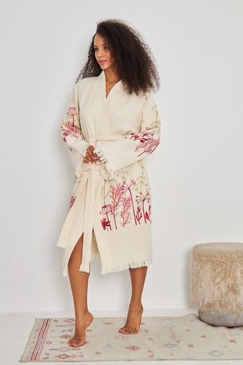SEMTEKSTİL Muslin Fabric 100% Cotton Patterned Kimono Dressing Gown with Pockets Bathrobe