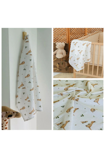 miço kids Kangaroo Patterned 100% Cotton Muslin Baby Blanket 80X90 cm – Multi-Purpose Use