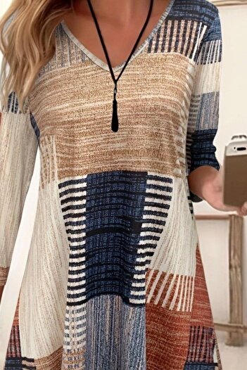Mossta Long Sleeve V Neck Patterned Single Jersey Dress - Patterned
