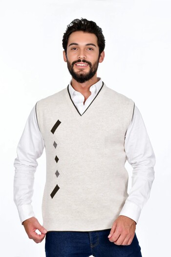 Kamalı Cream Men's Steel Knit Winter Thick Knitwear V-Neck Knitwear Knit Non-Pilling Jumpers