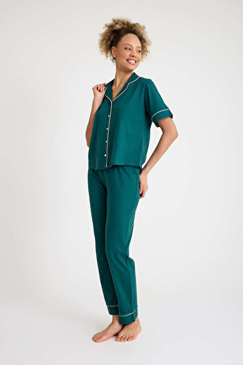 Dennis Denise Cotton Green White Piping Buttoned Women's Pajama Set