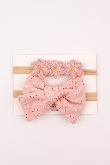 Le Mabelle Dried Rose Scallop Bow Knitted Flower 2-Piece Girl's Hair Band Set
