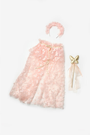 Le Mabelle Salmon Butterfly Appliqued Girl's Cape Scepter Crown Set