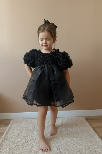 Le Mabelle Nelia - Girl's Black Tulle Skirt Dress with Rose Detail