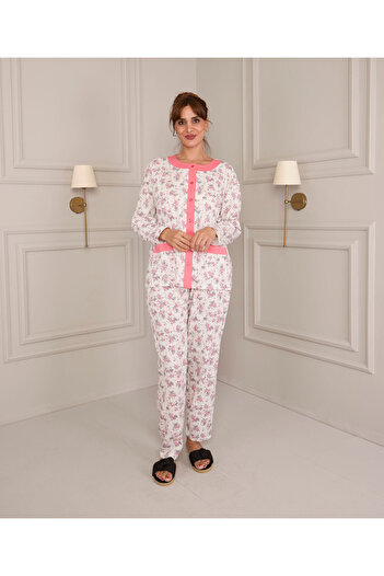 AYSUN TEKSTİL Cotton Fabric Wide Cut Front Complete Buttoned Pink Women's Pajama Set
