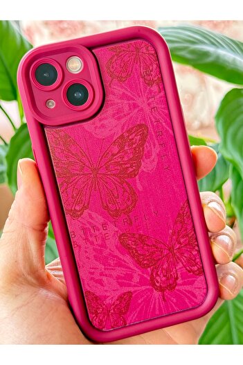 Fibaks Apple iPhone 13 Kılıf Yumuşak Dokulu Kelebek Desenli Yumuşak Kamera Korumalı Mürdüm Silikon Kapak