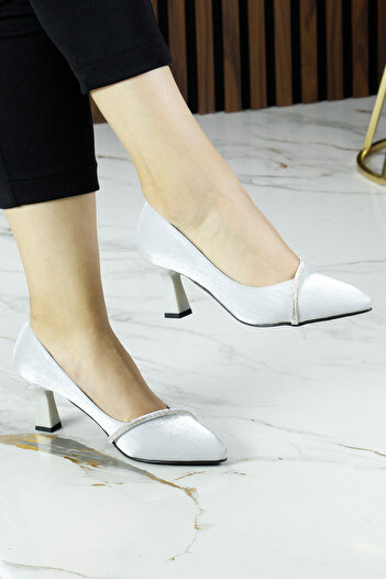 Erkan Saçmacı Shimeca Silver Satin Stone Pointed Toe Thin Heels Evening Dress Shoes